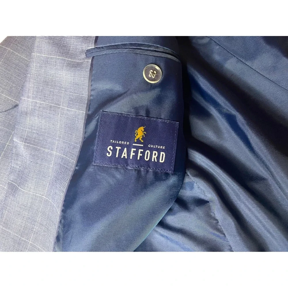 Stafford Coolmax Sports Coat Blazer Men's 50 R Windowpane Plaid Blue Wool Blend